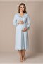 Women's Blue Lace Long Sleeve Maternity Nightgown Set for Easy Breastfeeding