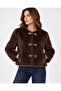 New Season Plush Fur Look Short Women's Jacket with Gold Buckle Pockets - 2