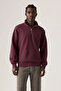 Original Hm Half Zipper Crumpled Burgundy French Terry Fabric Top - 2