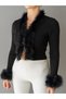 Low-Cut Cardigan with Fur Collar and Sleeves - 7