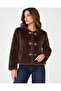 New Season Plush Fur Look Short Women's Jacket with Gold Buckle Pockets