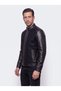 Black Genuine Leather Stand Collar Zippered Men's Leather Jacket Coat - 2