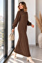 High Collar Ribbed Knitwear Dress K3051 Brown - 4