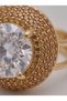 Handmade Women's Big Round White Stone Champagne Stone Surrounded Gold Color Ring - 2