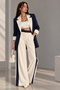 Women's Navy Blue-Ecru Contrast Detailed Blazer Jacket Palazzo Trousers Set - 2