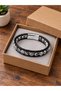 Tarnessa Stripecore Black Leather Men's Bracelet - Black and White Beaded Wrap with Rings - 3