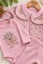 Girl baby floral embroidered wide collar jacket with bottom snap button bodysuit 3-piece set 0-12 months - 4