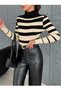 Asez Boutique Women's Black Cream Striped Turtleneck Ribbed Knit Sweater - 4