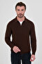 Ribbed Slim Fit Polo Collar Zippered Men's Cotton Knit Sweater Brown - 11602.26K