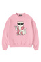 Cat with Front Print Oversize Sweatshirt Pink