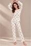 Women's Long Sleeve Half Placketed Report Interlock White Pajama Set C5T2N98 - 2
