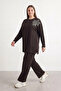 Shoulder Flower Pattern Plus Size Trouser Suit 19287 Brown - 2