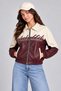 Women's Burgundy, Double-Colored, Furry Inside, Textile Detailed, Oversize Faux Leather Bomber Jacket - 2