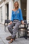 Italian Blue V-Neck Balloon Sleeve Casual Mercerized Knitwear Sweater 66 70 - 5