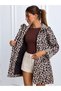 Women's Leopard Patterned Hooded Trench Coat with Elastic Waist and Foldable Sleeves - 3