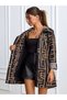 Women's Brown Maze Patterned Hooded Trench Coat with Elastic Waist and Foldable Sleeves - 2