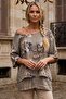 Italian Mink Pool Collar Short Sleeve Double Layer Floral Printed Casual Linen Look Woven Blouse 77 68 - 3