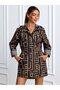 Women's Brown Maze Patterned Hooded Trench Coat with Elastic Waist and Foldable Sleeves - 6