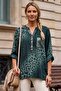 Italian Green Judge Collar Long Sleeve Leopard Patterned Sequin Pocket Casual Linen Look Woven 73 65