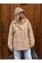 Women's Beige Hooded Oversized Trench Coat with Zipper Detail - 6