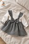 Baby Girl Dress Set Houndstooth Patterned Dress with Bow and Lace Detail - 6