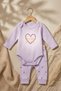 Baby Girl 100% Cotton Heart Lilac Patterned 2-Piece Set - Long Sleeve Bodysuit and Stretchy Pants Set - 2