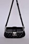Black Stone Embroidered Quilted Bag with Chain Detail - 3