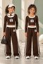 Girl's Brown 89 Star Printed Self-Strapped Blouse and Striped Bottom Top Set