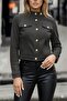 Women's Long Sleeve Suede Short Jacket with Buttons at the Neck and Front