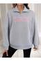 3 Thread Gray Florida Lettered Half-Zip Sweatshirt - Printed Oversized Stand Collar