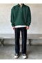 3 İplik Nefti Green Basic Plain Half-Zip Sweatshirt - Oversize Stand-Up Collar - 4