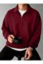 Burgundy Basic Plain Half-Zip Sweatshirt - Oversized Stand-Up Collar