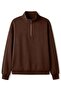 3 Thread Brown Basic Plain Half-Zip Sweatshirt - Oversized Stand-Up Collar - 3
