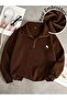 3 Thread Brown Horseman Half-Zip Sweatshirt - Printed Oversized Stand Collar