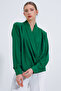 Women's Emerald Green Double-Breasted Collared Drapey Satin Blouse 0492 - 2