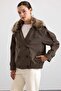 Removable Fur, Elastic Waist, Water Repellent Short Trench Coat Haki̇ 6909 - 4