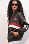 0698 Printed Faux Leather Bomber Jacket - Brown - 2