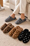 Set of 4 Coffee Polka Dot - Black Polka Dot - Tan Leopard - Gray Leopard Plush House Slippers 3 cm Sole Byndatom01 - 3