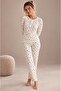 Women's Long Sleeve Half Placketed Reported Interlock Ecru Pajama Set C2T3N98 - 3