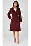 Women's Burgundy Double-Breasted Collared Belted Lined Trench Coat Hzl25W-Bd159181 - 3