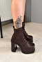 Women's Simya Brown Lace-Up Detailed 12 cm Platform Heeled Zippered Boots