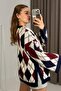 Women's Diamond Pattern Oversized Sweater with Mini Slits on the Sides, Navy Blue - 3