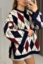 Women's Diamond Pattern Oversized Sweater with Mini Slits on the Sides, Navy Blue - 4