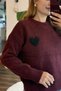 Women's Soft Textured Wool Blend Heart Motif Sweater Burgundy - 3