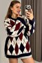 Women's Diamond Pattern Oversized Sweater with Mini Slits on the Sides, Navy Blue