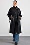 Leather Look Trench Coat with Stand Collar and Metal Accessories Black 6911 - 3