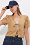 Women's Short Sleeve Crop Blouse 958 - Camel - 3