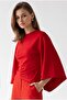 2239 Women's Volan Sleeve Crew Neck Waist Accent Blouse Red - 5