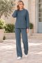 Women's Round Neck Long Sleeve Off Shoulder Woven Detailed Slit Pocket Stylish Casual Anthracite Sweatshirt Trousers Two-Piece Set - 6