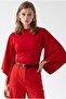 2239 Women's Volan Sleeve Crew Neck Waist Accent Blouse Red - 6